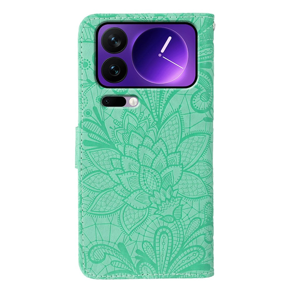 For Xiaomi 17 Pro Max Case Lace Flowers PU Leather Flip Wallet Phone Cover - Green