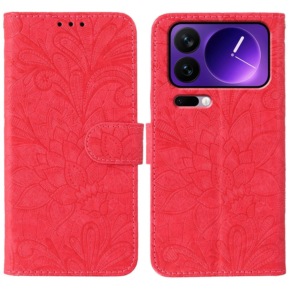 For Xiaomi 17 Pro Max Case Lace Flowers PU Leather Flip Wallet Phone Cover - Red
