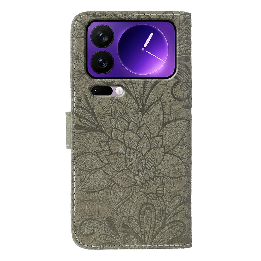 For Xiaomi 17 Pro Max Case Lace Flowers PU Leather Flip Wallet Phone Cover - Grey