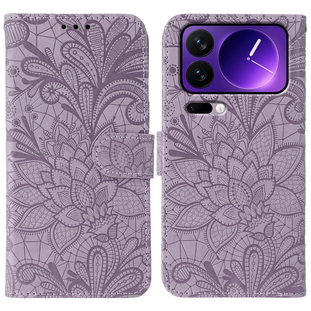 For Xiaomi 17 Pro Max Case Lace Flowers PU Leather Flip Wallet Phone Cover - Purple