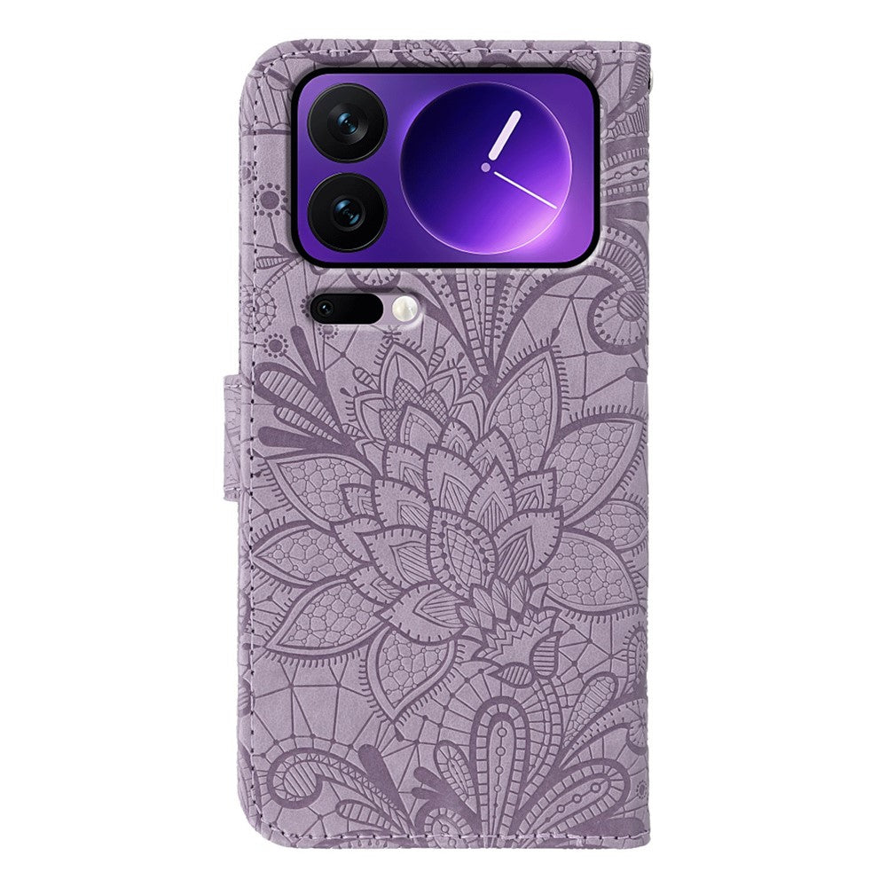 For Xiaomi 17 Pro Max Case Lace Flowers PU Leather Flip Wallet Phone Cover - Purple