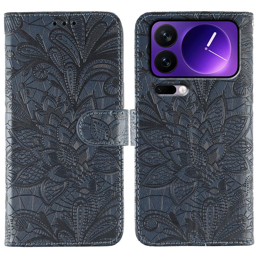 For Xiaomi 17 Pro Max Case Lace Flowers PU Leather Flip Wallet Phone Cover - Dark Blue