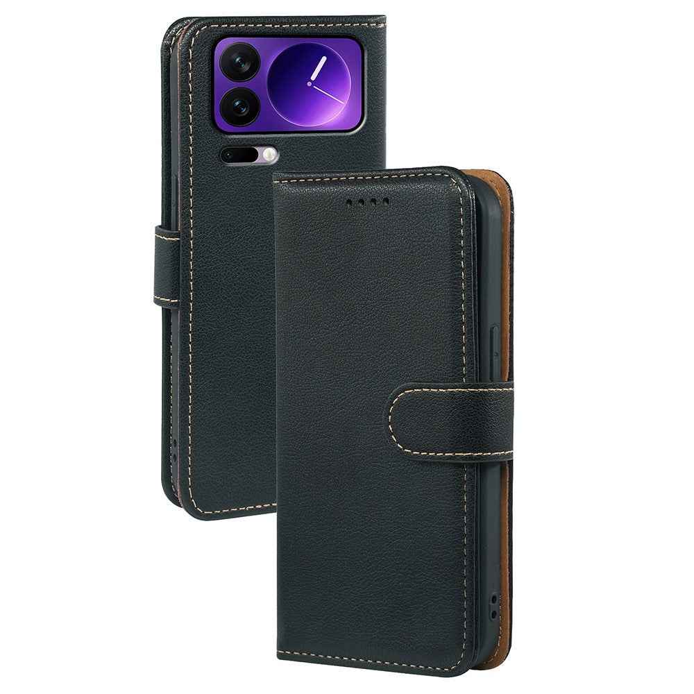 For Xiaomi 17 Pro Case RFID Blocking Wallet Litchi Texture Leather Phone Cover Magnetic Clasp - Black