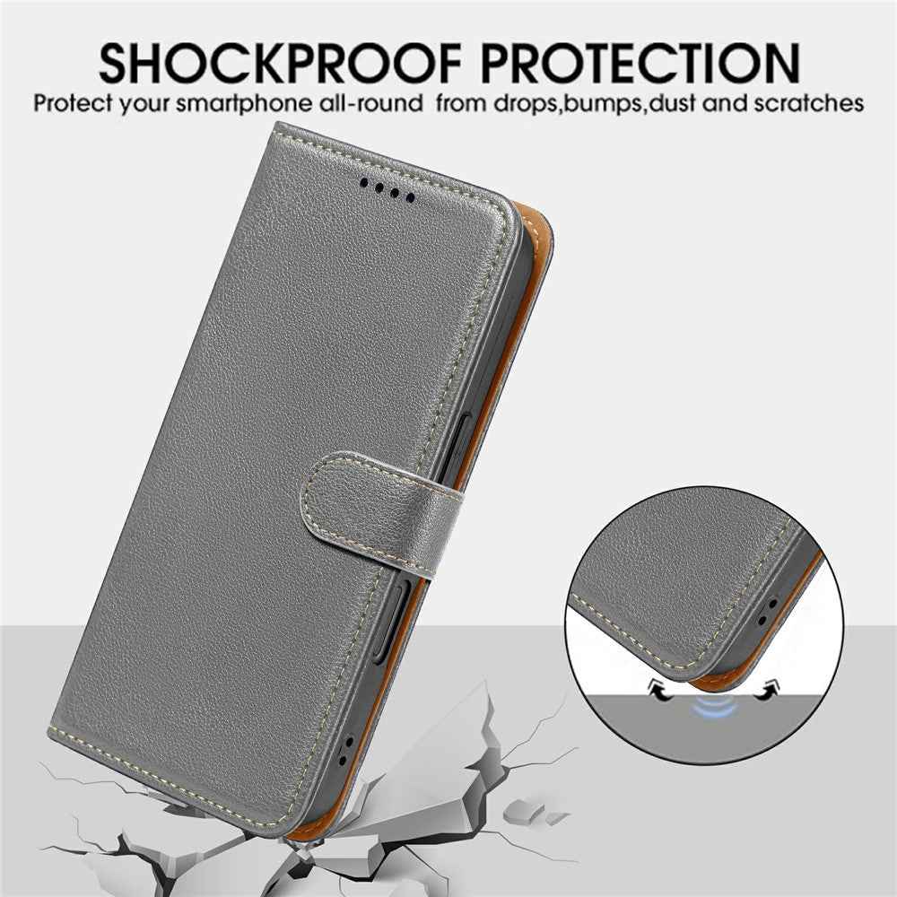 For Xiaomi 17 Pro Case RFID Blocking Wallet Litchi Texture Leather Phone Cover Magnetic Clasp - Grey