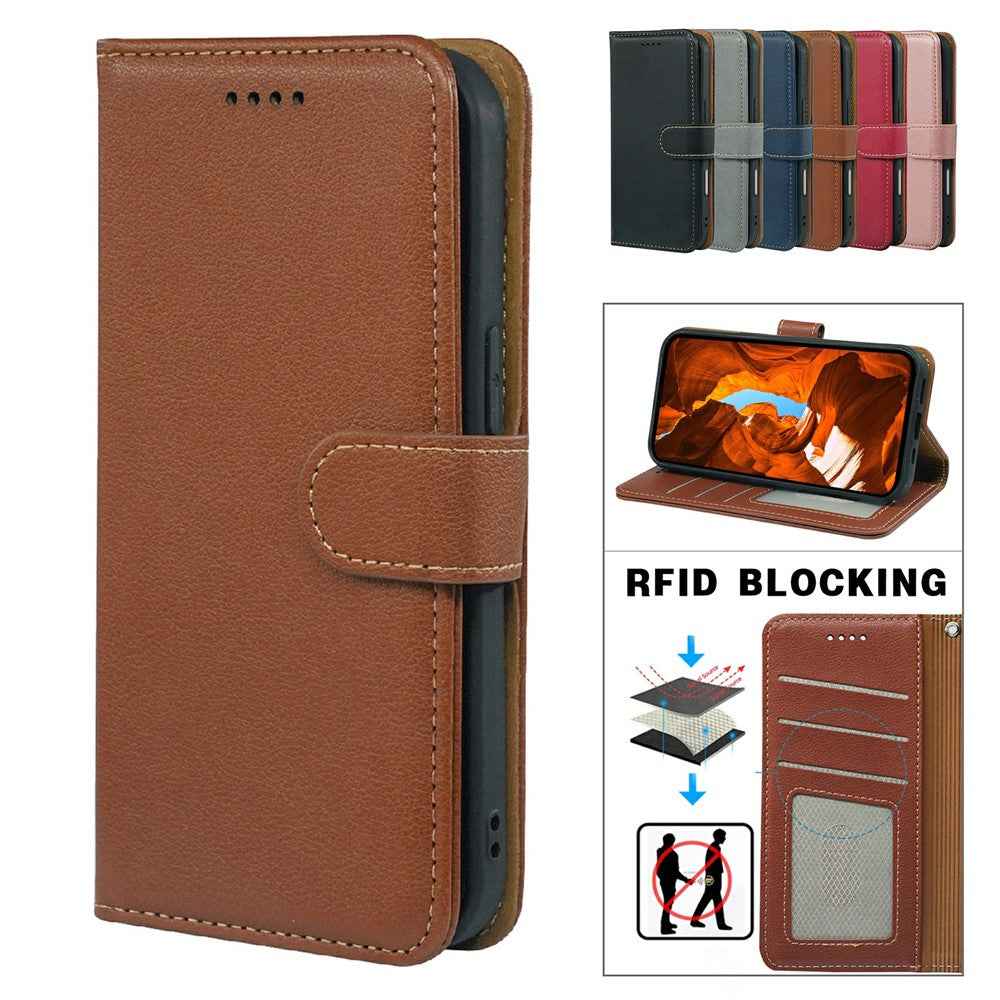For Xiaomi 17 Pro Case RFID Blocking Wallet Litchi Texture Leather Phone Cover Magnetic Clasp - Brown