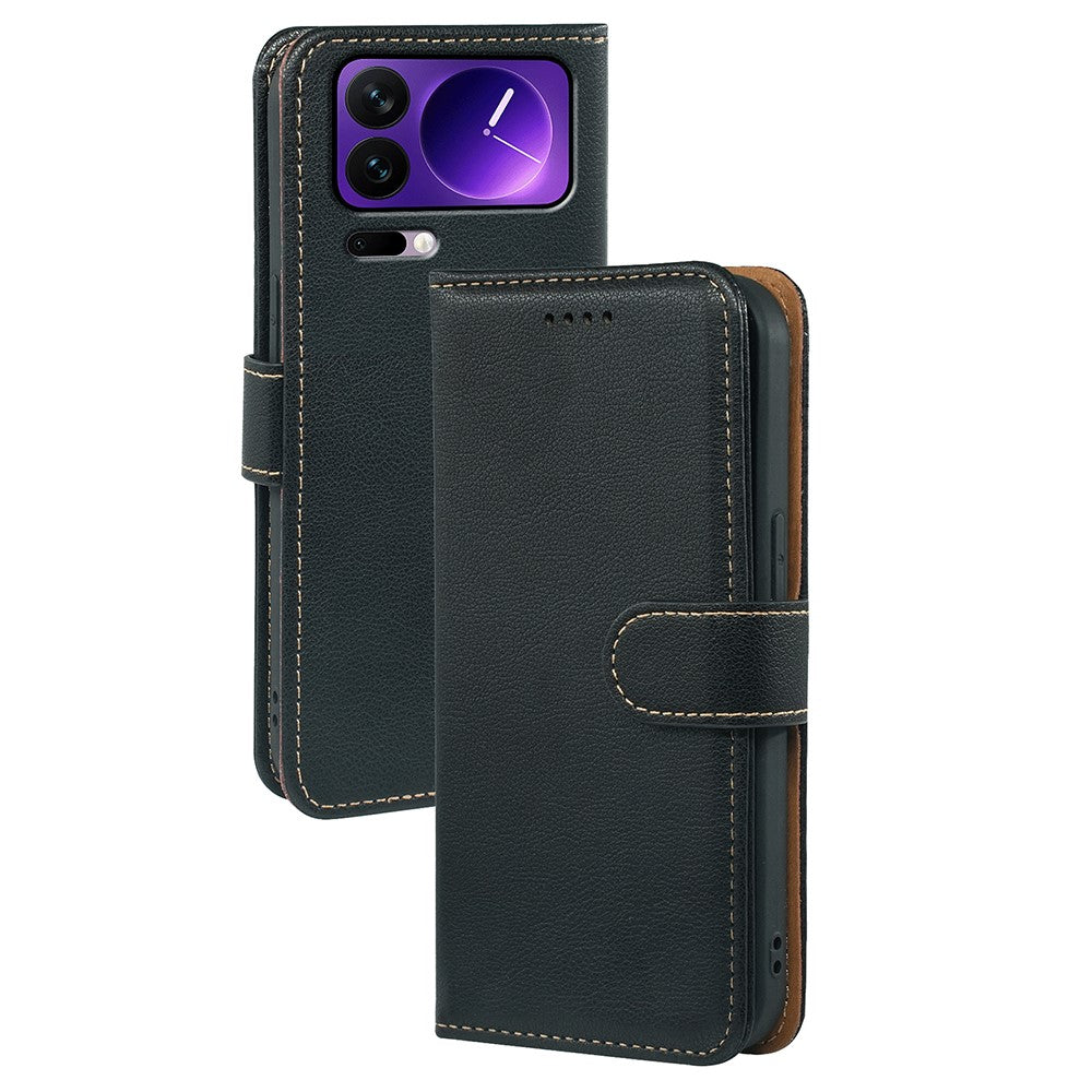 For Xiaomi 17 Pro Max Case RFID Blocking Wallet Litchi Texture Leather Phone Cover Magnetic Clasp - Black
