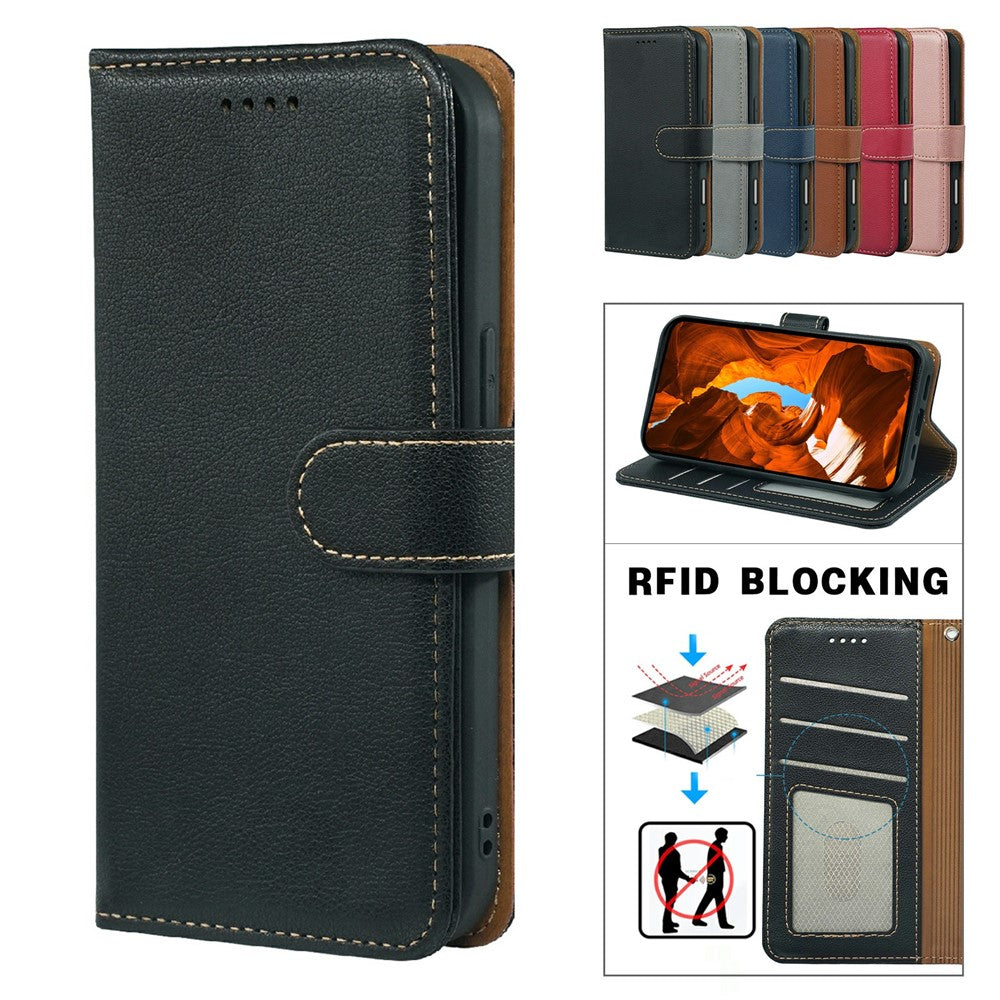 For Xiaomi 17 Pro Max Case RFID Blocking Wallet Litchi Texture Leather Phone Cover Magnetic Clasp - Black