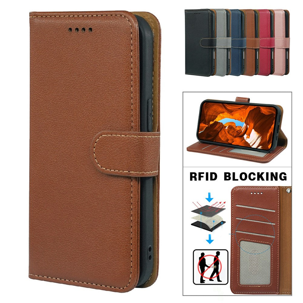 For Xiaomi 17 Pro Max Case RFID Blocking Wallet Litchi Texture Leather Phone Cover Magnetic Clasp - Brown