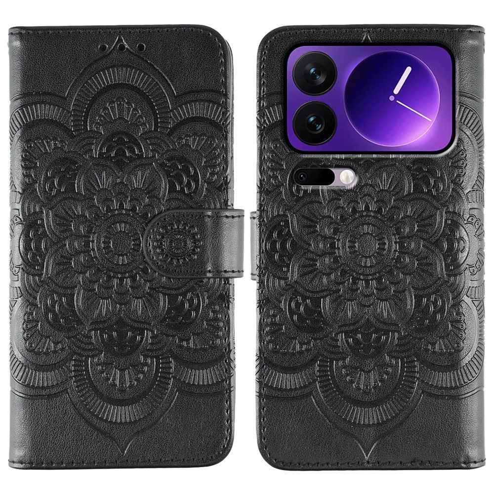 For Xiaomi 17 Pro Case PU Leather Mandala Imprinted Design Wallet Phone Cover with Wrist Strap - Black