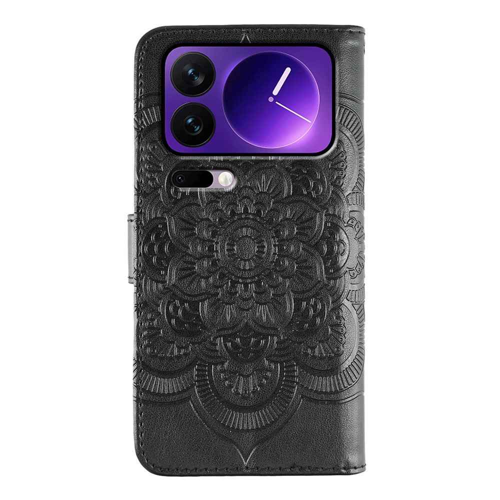 For Xiaomi 17 Pro Case PU Leather Mandala Imprinted Design Wallet Phone Cover with Wrist Strap - Black