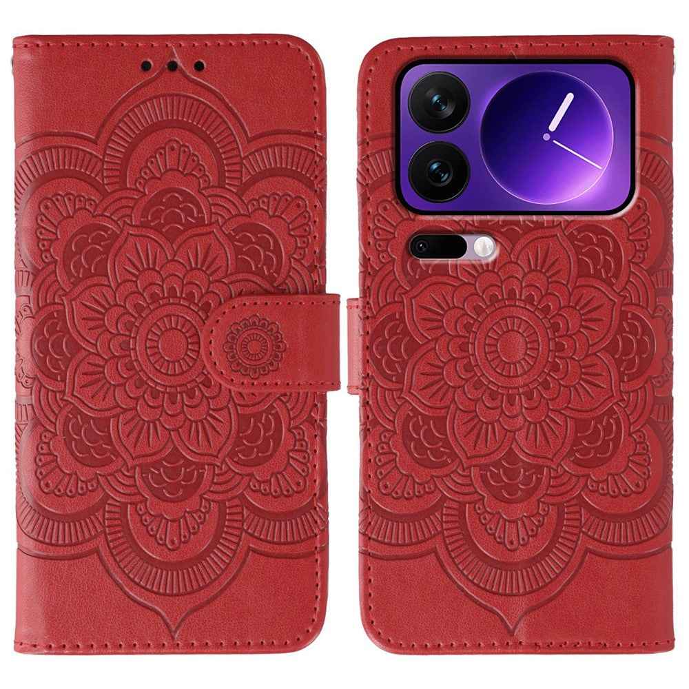 For Xiaomi 17 Pro Case PU Leather Mandala Imprinted Design Wallet Phone Cover with Wrist Strap - Red