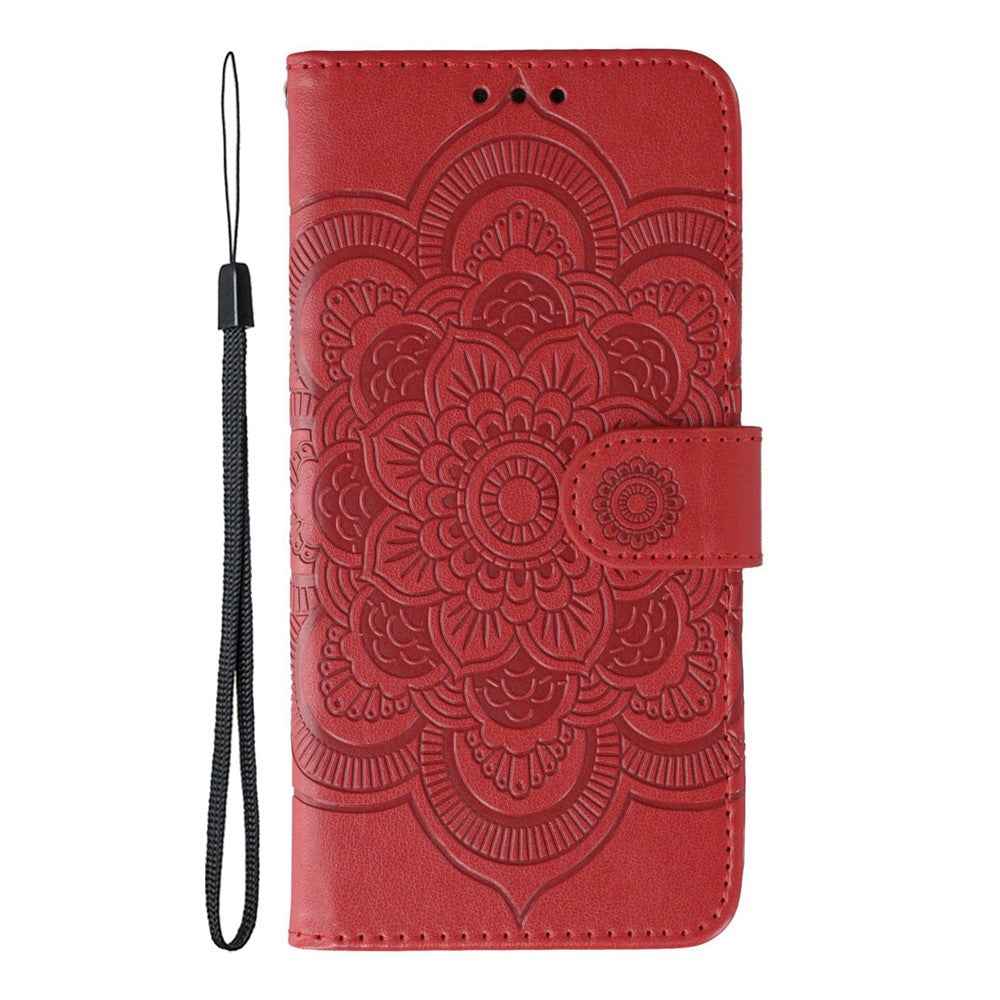 For Xiaomi 17 Pro Case PU Leather Mandala Imprinted Design Wallet Phone Cover with Wrist Strap - Red
