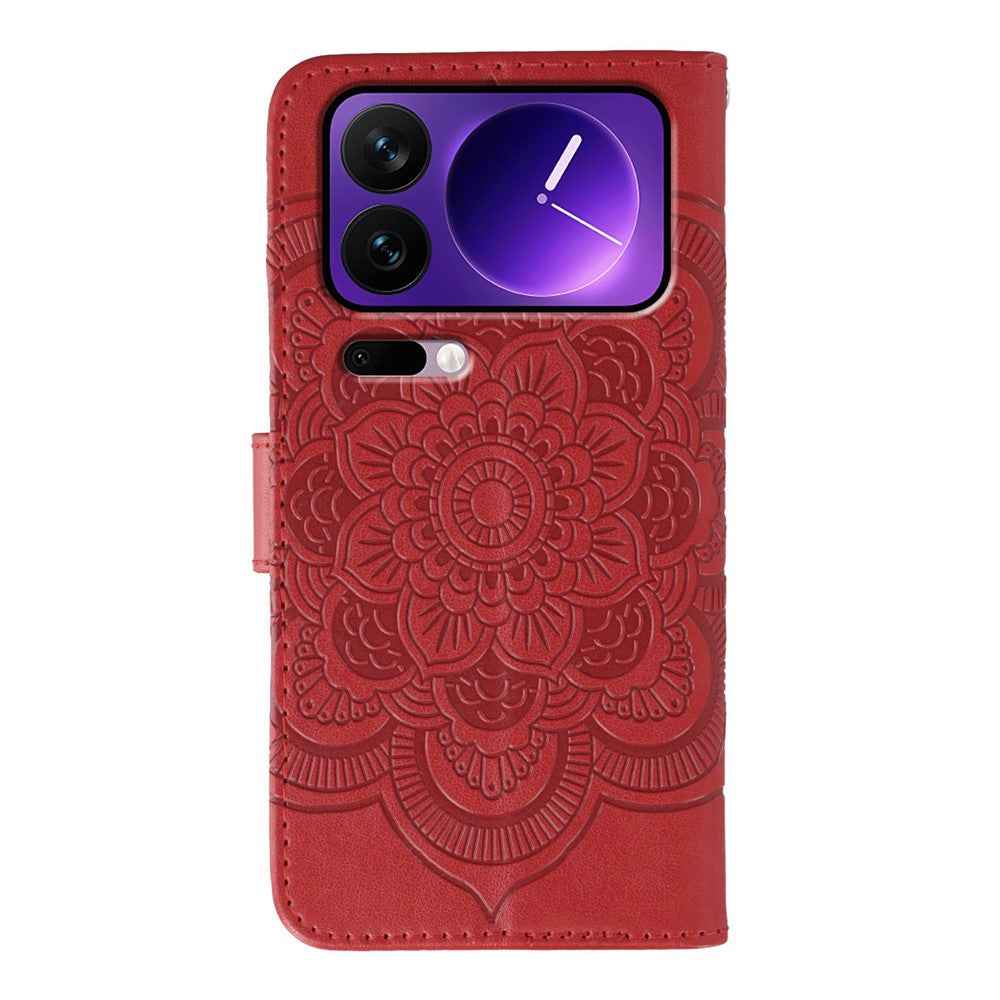 For Xiaomi 17 Pro Case PU Leather Mandala Imprinted Design Wallet Phone Cover with Wrist Strap - Red