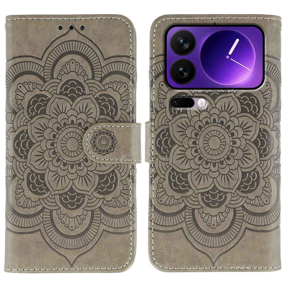 For Xiaomi 17 Pro Case PU Leather Mandala Imprinted Design Wallet Phone Cover with Wrist Strap - Grey