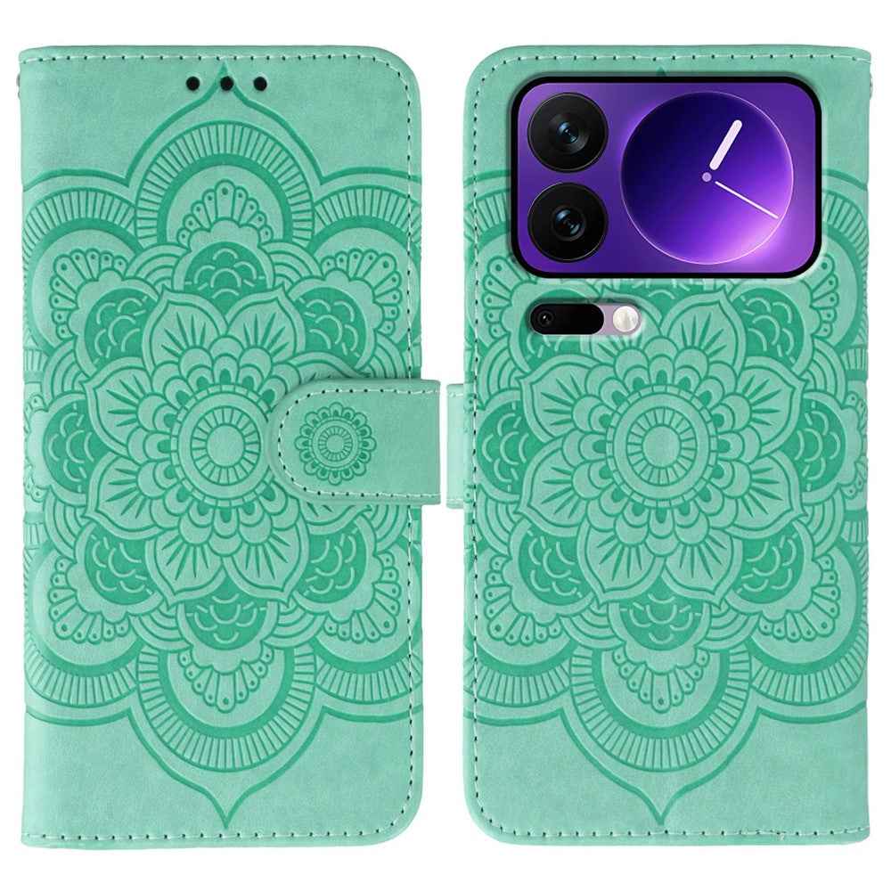 For Xiaomi 17 Pro Case PU Leather Mandala Imprinted Design Wallet Phone Cover with Wrist Strap - Green