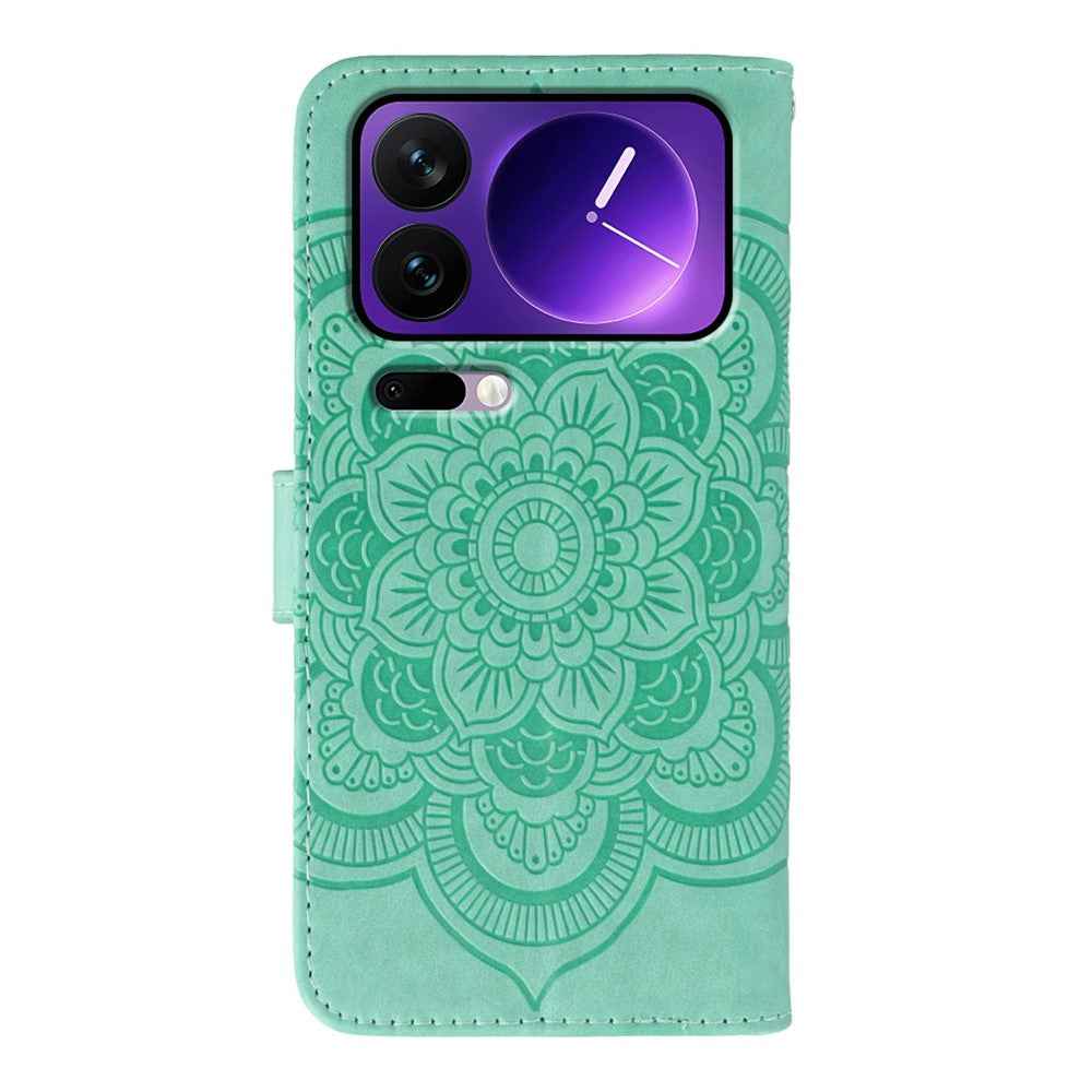 For Xiaomi 17 Pro Case PU Leather Mandala Imprinted Design Wallet Phone Cover with Wrist Strap - Green