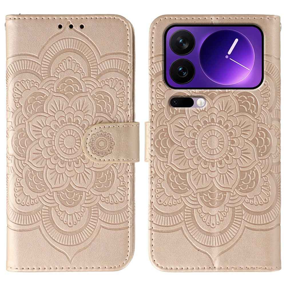 For Xiaomi 17 Pro Case PU Leather Mandala Imprinted Design Wallet Phone Cover with Wrist Strap - Rose Gold