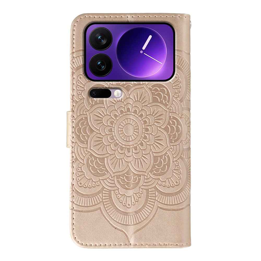 For Xiaomi 17 Pro Case PU Leather Mandala Imprinted Design Wallet Phone Cover with Wrist Strap - Rose Gold
