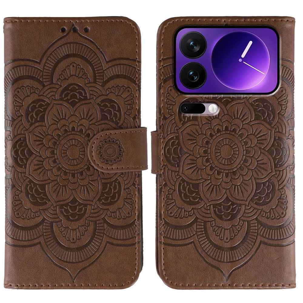 For Xiaomi 17 Pro Case PU Leather Mandala Imprinted Design Wallet Phone Cover with Wrist Strap - Brown
