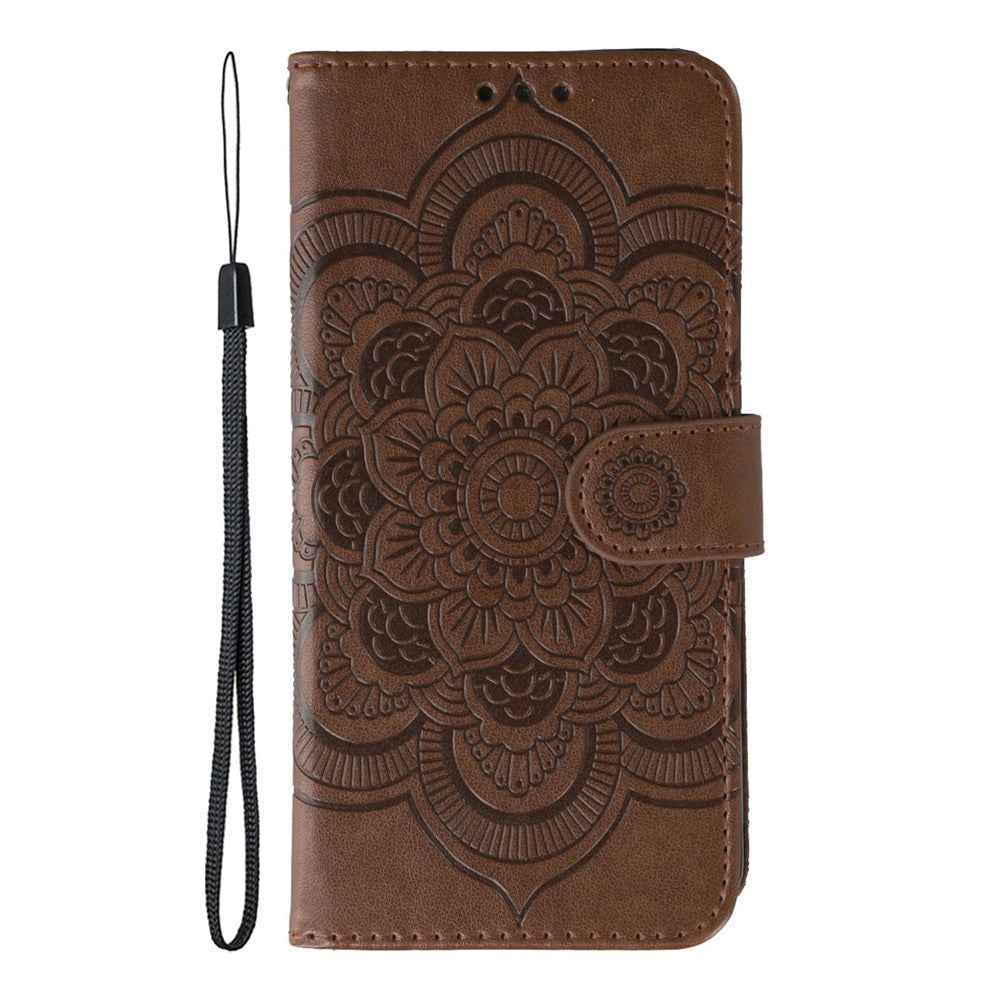 For Xiaomi 17 Pro Case PU Leather Mandala Imprinted Design Wallet Phone Cover with Wrist Strap - Brown