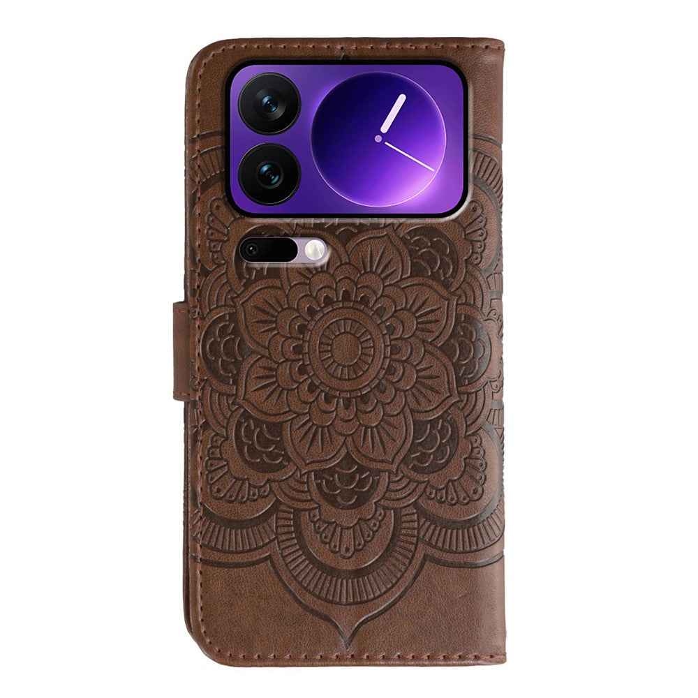 For Xiaomi 17 Pro Case PU Leather Mandala Imprinted Design Wallet Phone Cover with Wrist Strap - Brown
