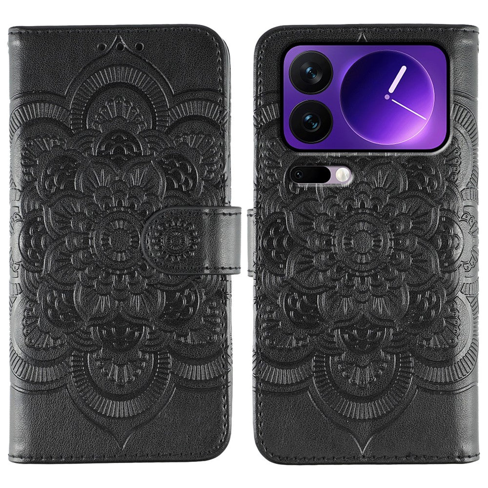 For Xiaomi 17 Pro Max Case PU Leather Mandala Imprinted Design Wallet Phone Cover with Wrist Strap - Black
