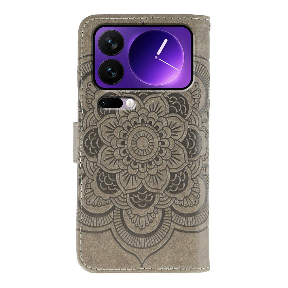 For Xiaomi 17 Pro Max Case PU Leather Mandala Imprinted Design Wallet Phone Cover with Wrist Strap - Grey