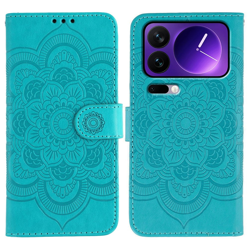 For Xiaomi 17 Pro Max Case PU Leather Mandala Imprinted Design Wallet Phone Cover with Wrist Strap - Blue