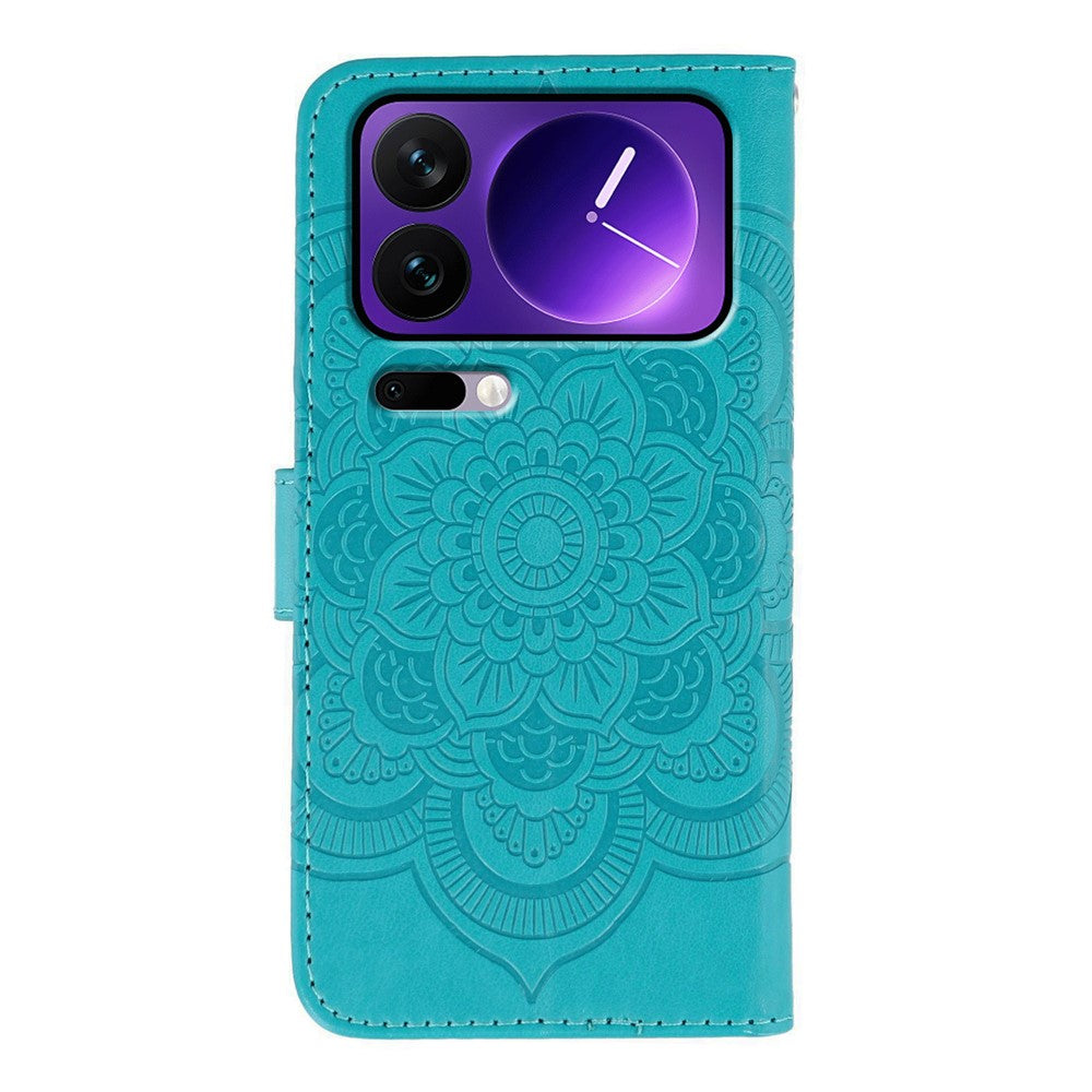 For Xiaomi 17 Pro Max Case PU Leather Mandala Imprinted Design Wallet Phone Cover with Wrist Strap - Blue