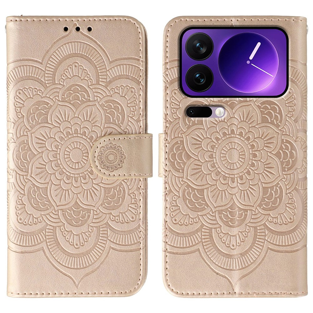 For Xiaomi 17 Pro Max Case PU Leather Mandala Imprinted Design Wallet Phone Cover with Wrist Strap - Rose Gold
