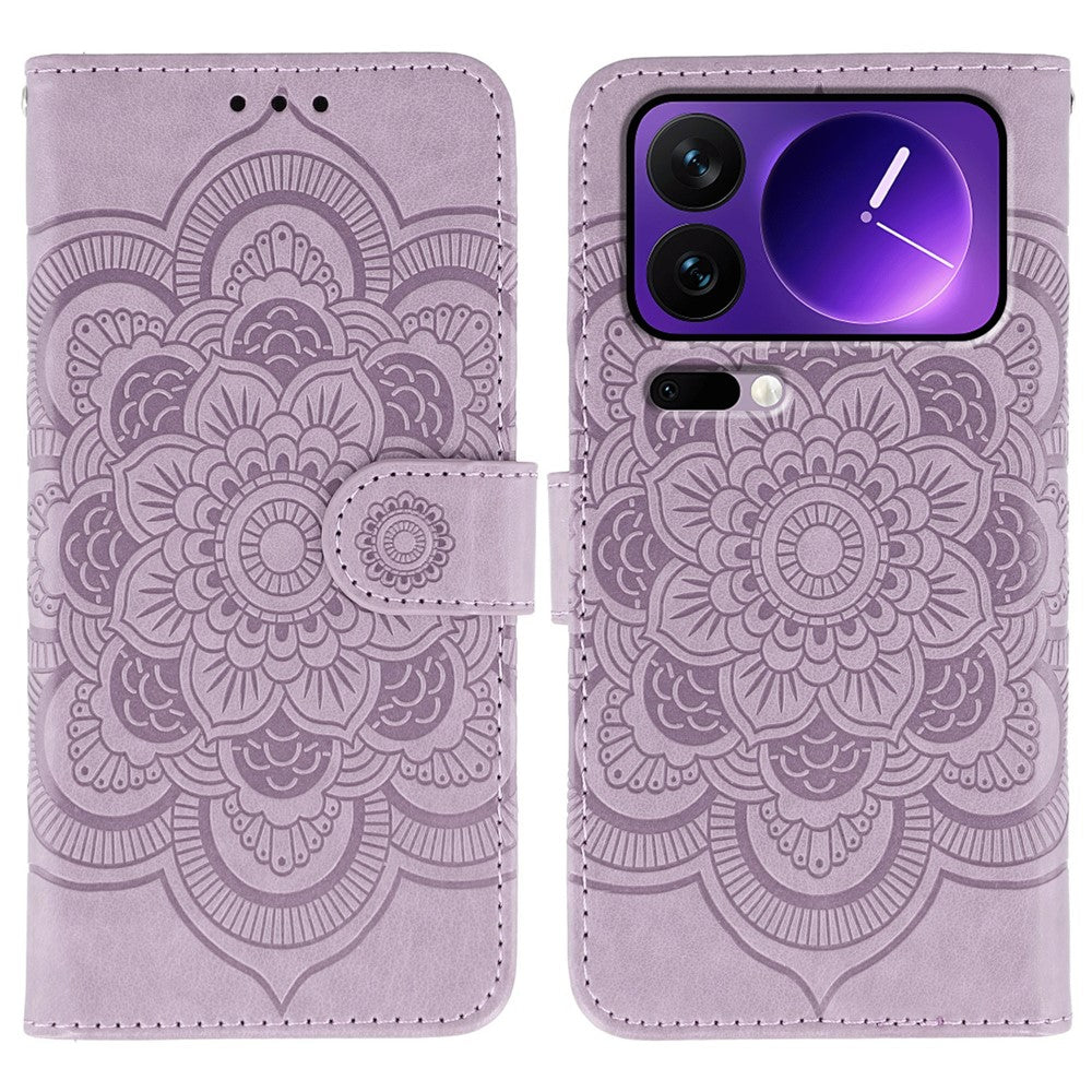 For Xiaomi 17 Pro Max Case PU Leather Mandala Imprinted Design Wallet Phone Cover with Wrist Strap - Purple