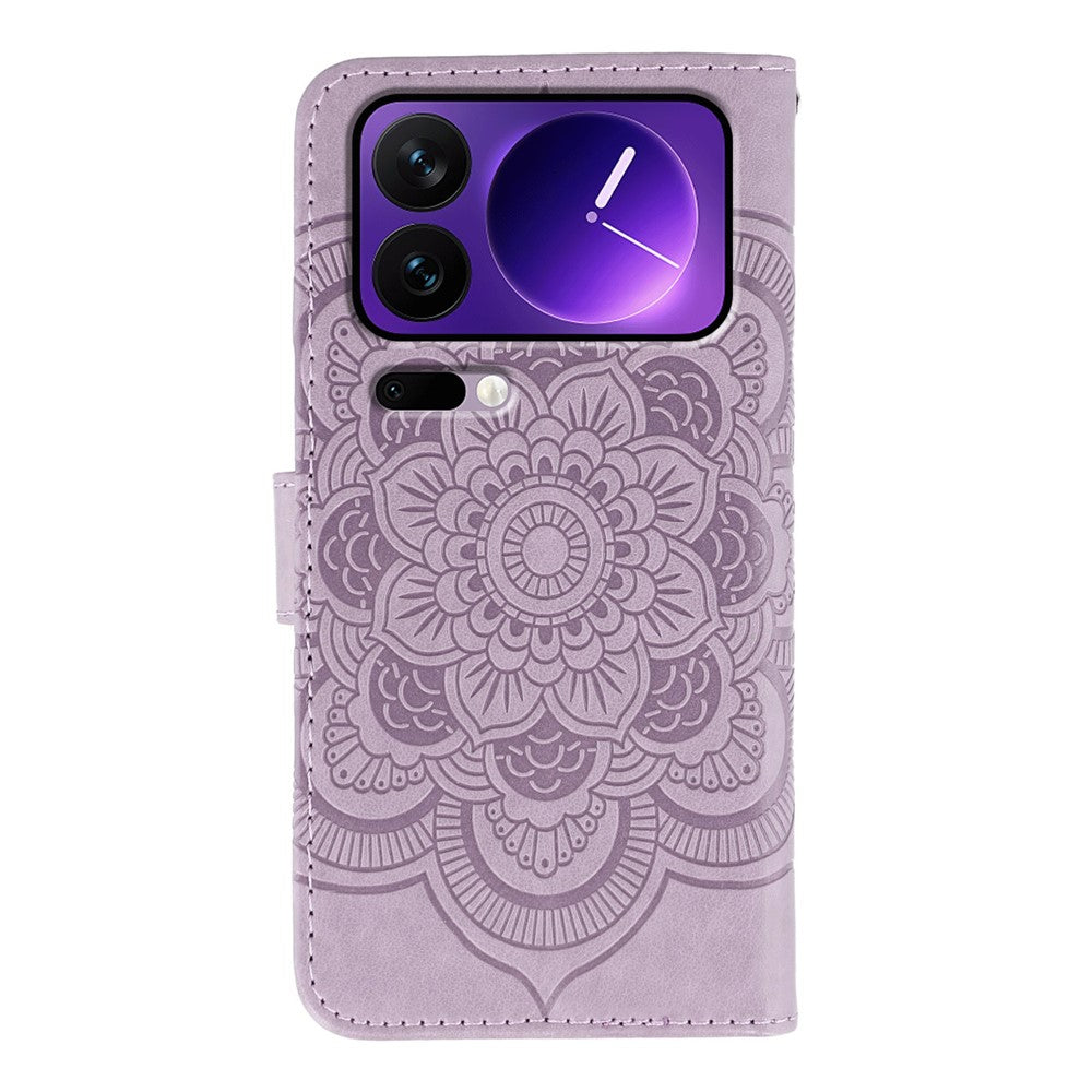 For Xiaomi 17 Pro Max Case PU Leather Mandala Imprinted Design Wallet Phone Cover with Wrist Strap - Purple