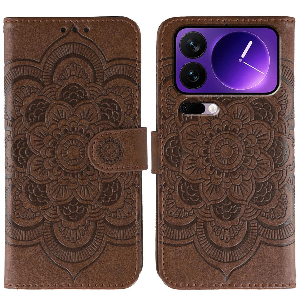 For Xiaomi 17 Pro Max Case PU Leather Mandala Imprinted Design Wallet Phone Cover with Wrist Strap - Brown