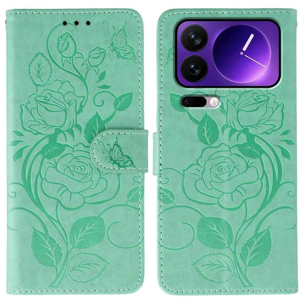 For Xiaomi 17 Pro Case Wallet Stand Imprinted Rose Butterfly PU Leather Phone Cover - Green