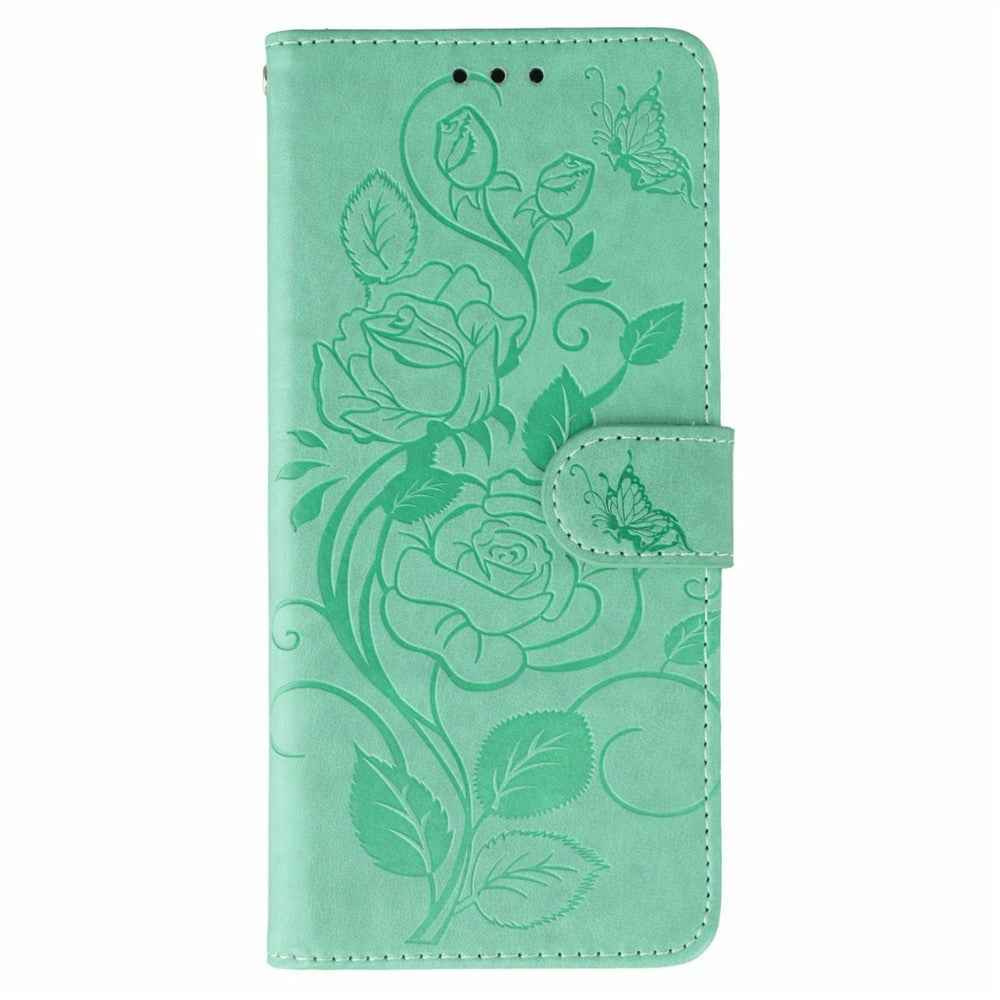 For Xiaomi 17 Pro Case Wallet Stand Imprinted Rose Butterfly PU Leather Phone Cover - Green