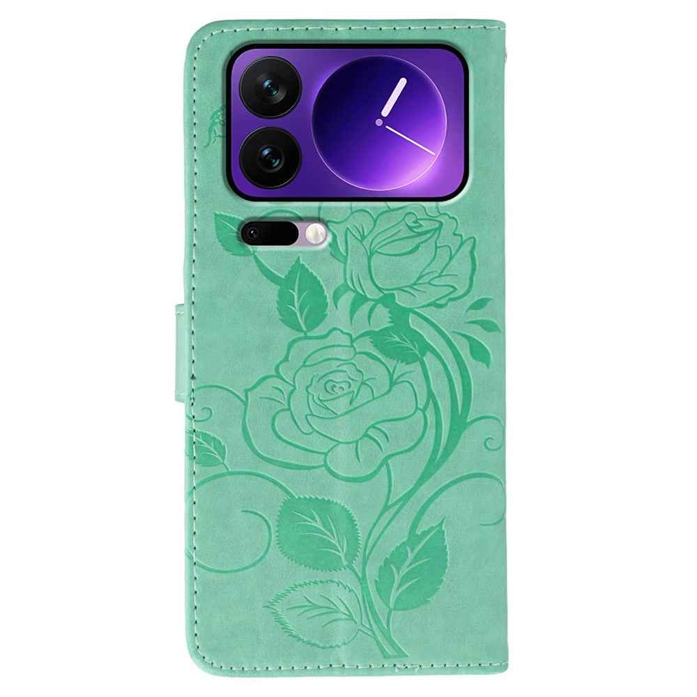 For Xiaomi 17 Pro Case Wallet Stand Imprinted Rose Butterfly PU Leather Phone Cover - Green