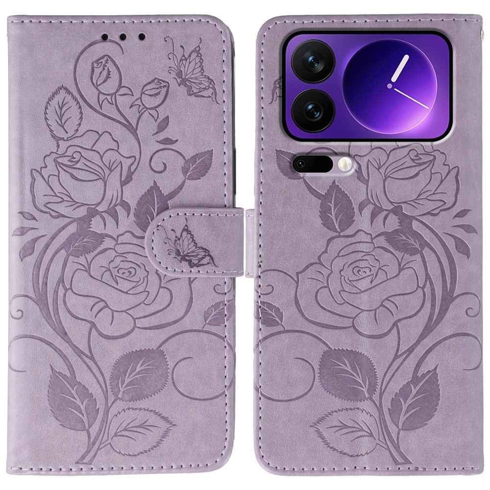 For Xiaomi 17 Pro Case Wallet Stand Imprinted Rose Butterfly PU Leather Phone Cover - Purple