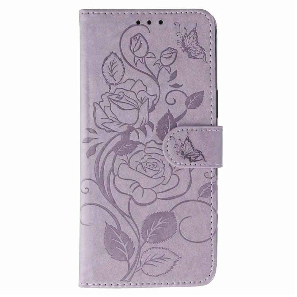 For Xiaomi 17 Pro Case Wallet Stand Imprinted Rose Butterfly PU Leather Phone Cover - Purple