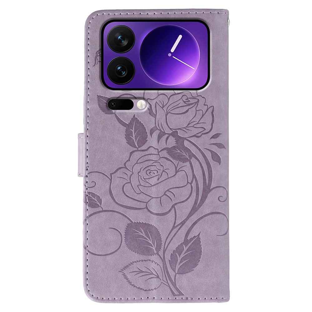 For Xiaomi 17 Pro Case Wallet Stand Imprinted Rose Butterfly PU Leather Phone Cover - Purple