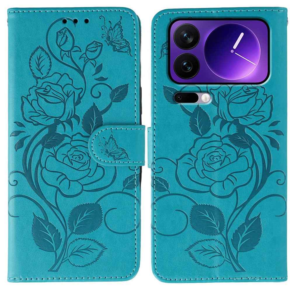 For Xiaomi 17 Pro Case Wallet Stand Imprinted Rose Butterfly PU Leather Phone Cover - Blue