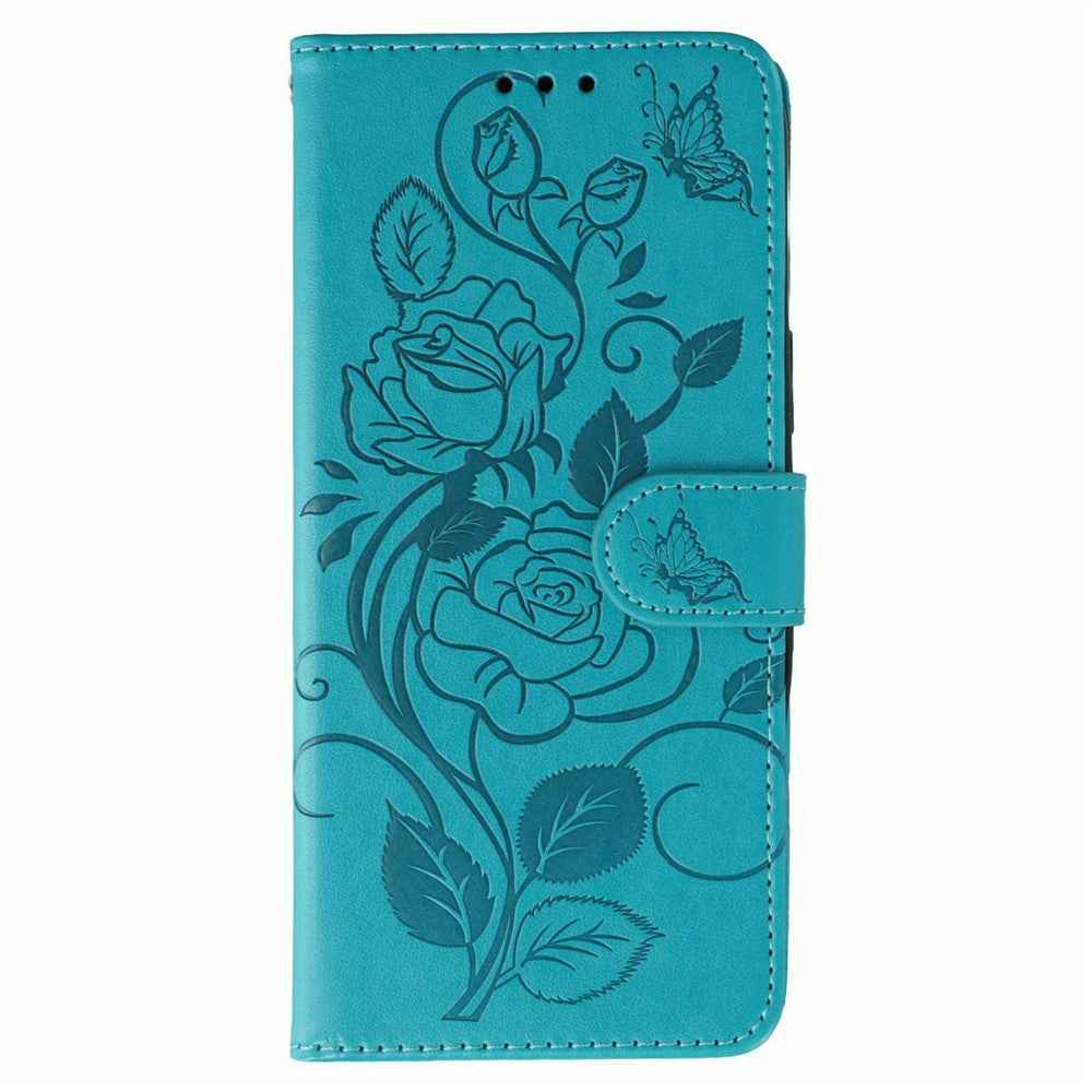 For Xiaomi 17 Pro Case Wallet Stand Imprinted Rose Butterfly PU Leather Phone Cover - Blue
