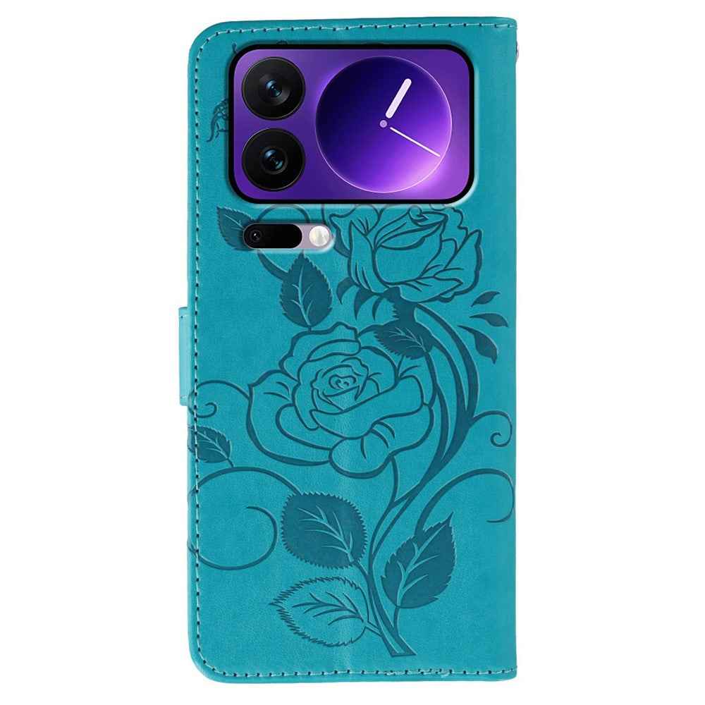 For Xiaomi 17 Pro Case Wallet Stand Imprinted Rose Butterfly PU Leather Phone Cover - Blue