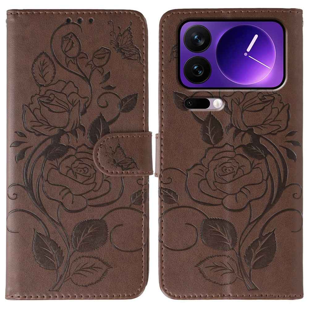 For Xiaomi 17 Pro Case Wallet Stand Imprinted Rose Butterfly PU Leather Phone Cover - Brown
