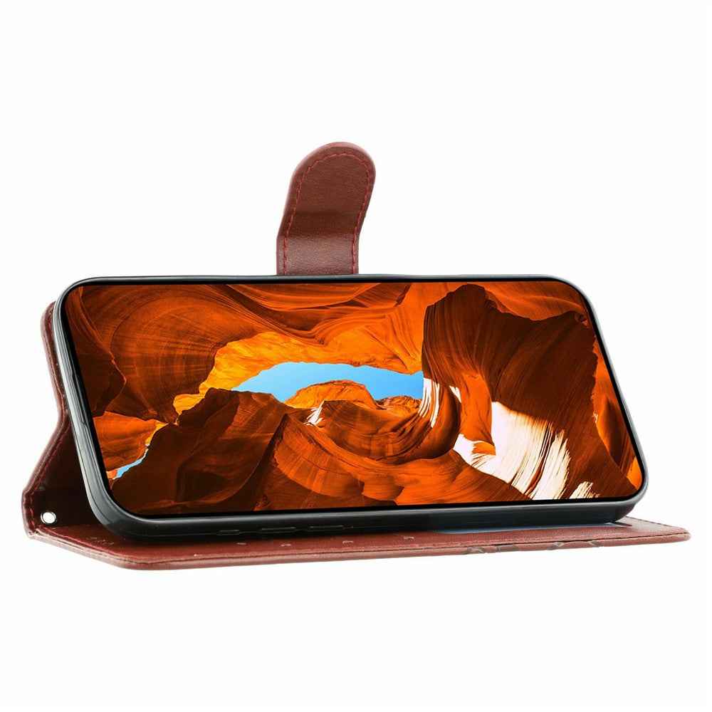 For Xiaomi 17 Pro Case Wallet Stand Imprinted Rose Butterfly PU Leather Phone Cover - Brown