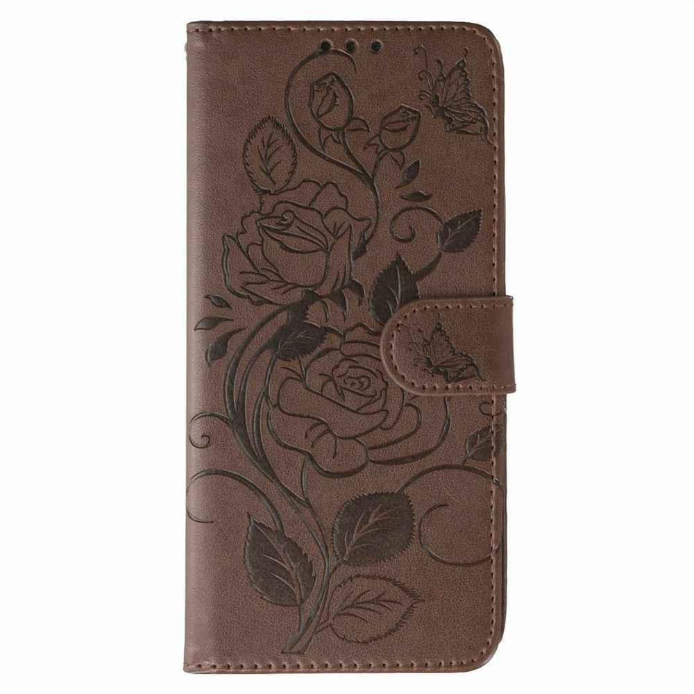 For Xiaomi 17 Pro Case Wallet Stand Imprinted Rose Butterfly PU Leather Phone Cover - Brown