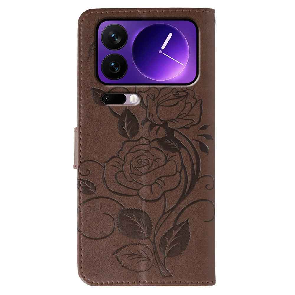 For Xiaomi 17 Pro Case Wallet Stand Imprinted Rose Butterfly PU Leather Phone Cover - Brown