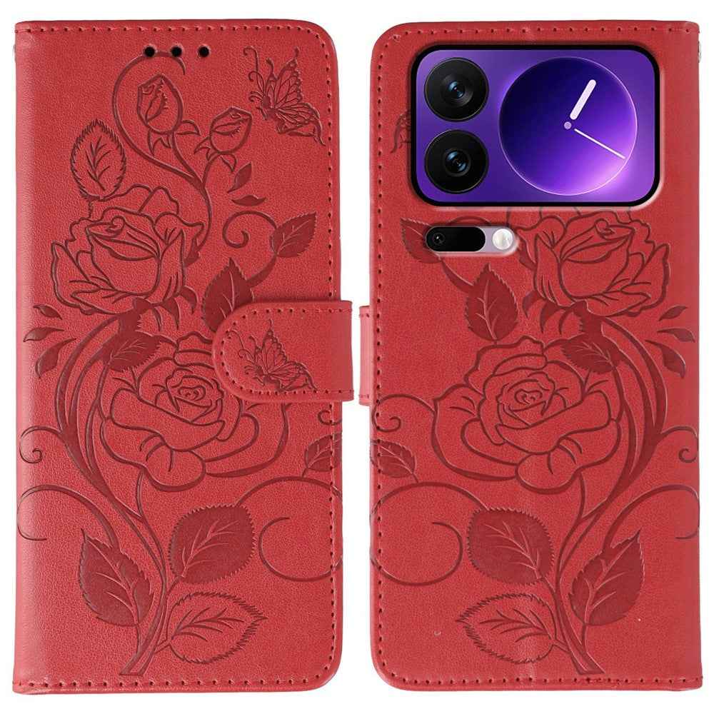 For Xiaomi 17 Pro Case Wallet Stand Imprinted Rose Butterfly PU Leather Phone Cover - Red