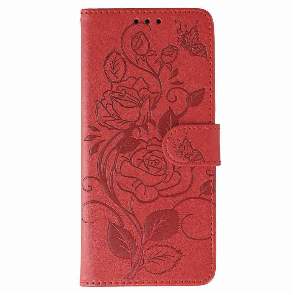 For Xiaomi 17 Pro Case Wallet Stand Imprinted Rose Butterfly PU Leather Phone Cover - Red