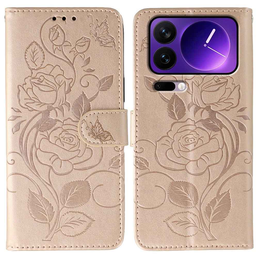 For Xiaomi 17 Pro Case Wallet Stand Imprinted Rose Butterfly PU Leather Phone Cover - Rose Gold