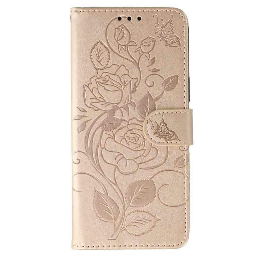 For Xiaomi 17 Pro Case Wallet Stand Imprinted Rose Butterfly PU Leather Phone Cover - Rose Gold